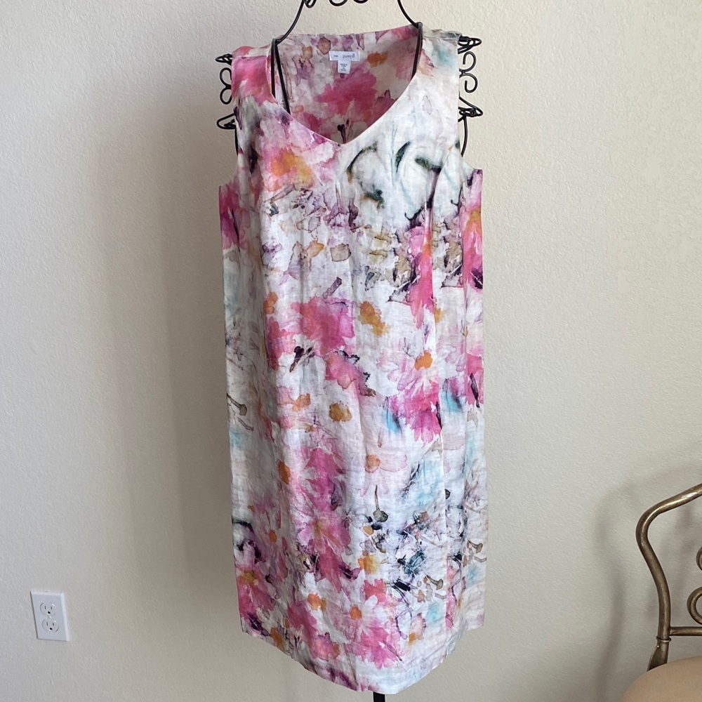 J.Jill Sleeveless Pink Linen Floral Shift Dress